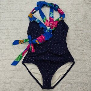 Matilda Jane Womens S Swimsuit Sandcastle Queen Navy Floral Polka Dot Ruffle